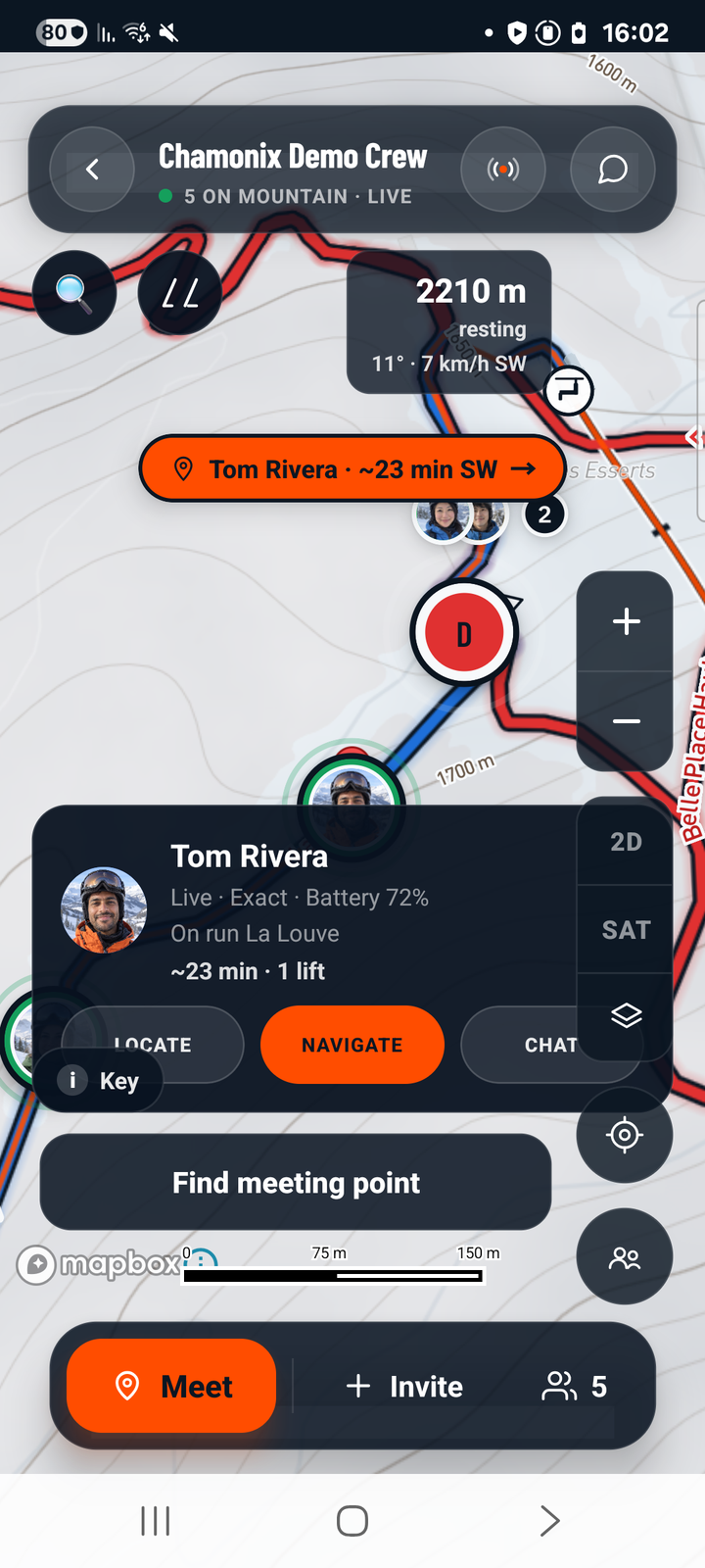 Native FriSki Android map of a five-person demo group, with fictional profile photos on piste markers. Tom Rivera is selected: on run La Louve, about 23 minutes and one lift away, with Navigate and Chat. Names and locations are demo examples.