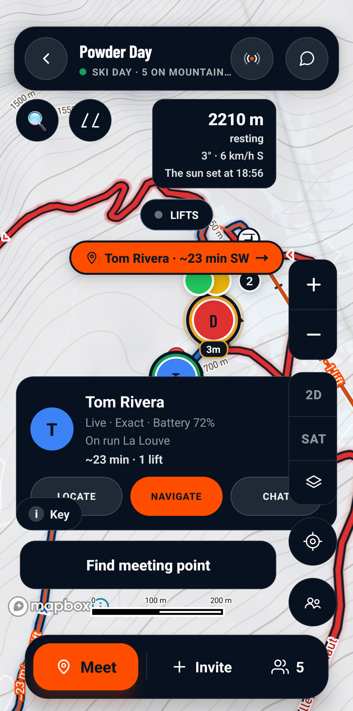 FriSki Android map of the Powder Day group on the pistes above Le Tour: you, with Maya and Yuki just above, and Tom and Lena down La Louve. Tom Rivera is selected: on run La Louve, about 23 minutes and one lift away, with Locate, Navigate and Chat.
