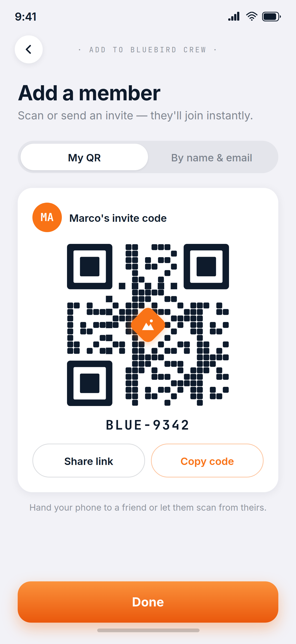 Add a member screen with a QR code, a short join code, and buttons to share the link or copy the code.