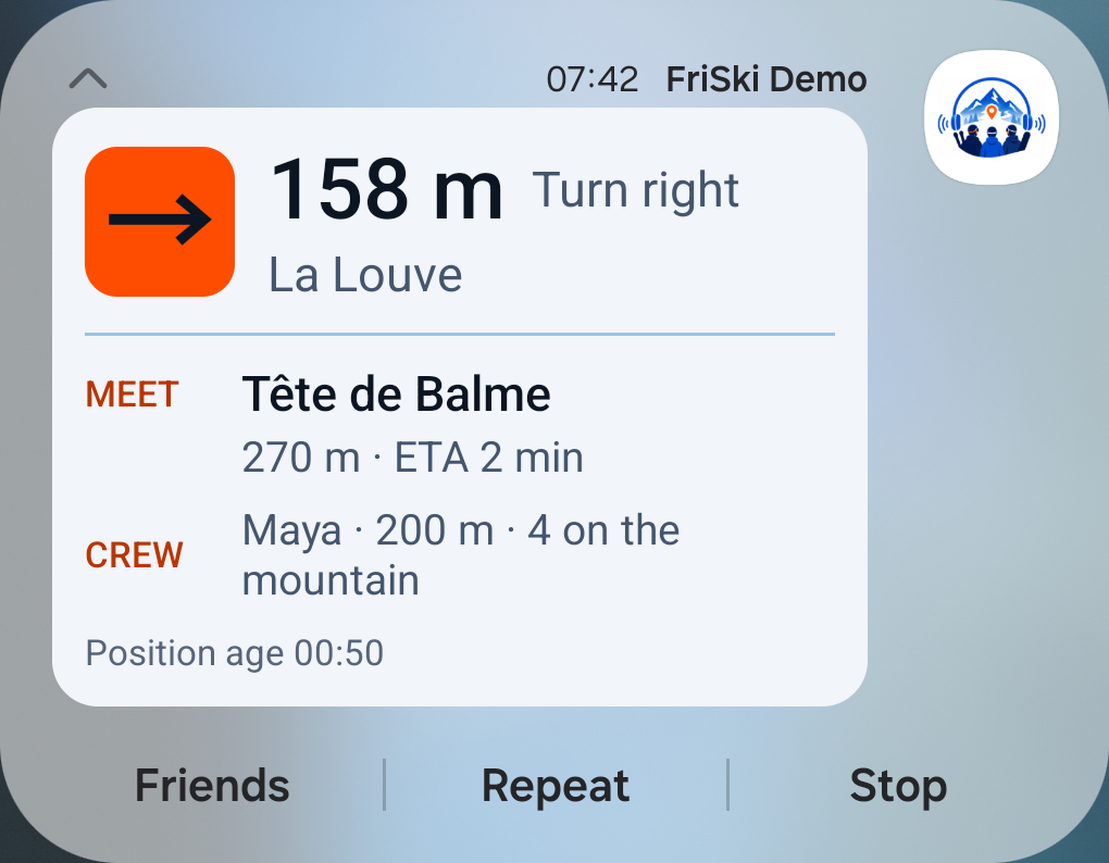 The earlier light design of the Android notification, captured on a Galaxy S21 before the card went dark: turn right in 158 metres onto La Louve, meet at Tête de Balme, Maya 200 metres away, with its Friends, Repeat and Stop buttons. Demo values.