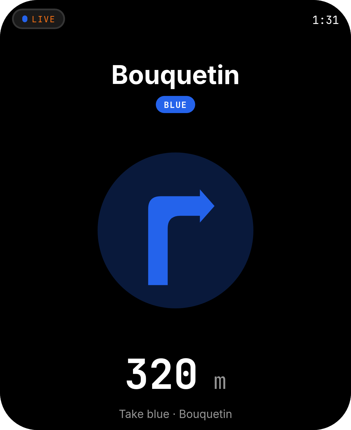 FriSki on Apple Watch: heading for the Bouquetin blue run, a turn arrow, and 320 metres to go.
