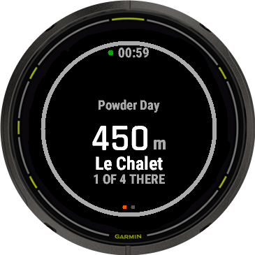 Garmin watch face on an Enduro 3: group Powder Day, 450 metres to Le Chalet, 1 of 4 there.