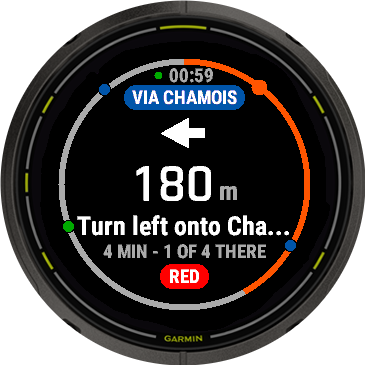 The same navigation screen on an Enduro 3, a memory-in-pixel display: turn left in 180 metres, via Chamois, red run.