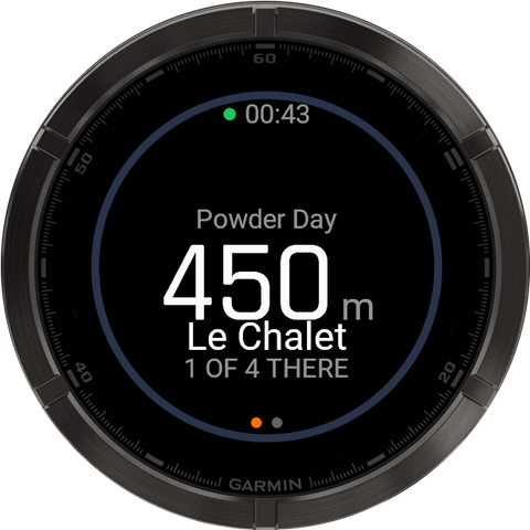 Garmin watch face: group Powder Day, 450 metres to Le Chalet, 1 of 4 there.