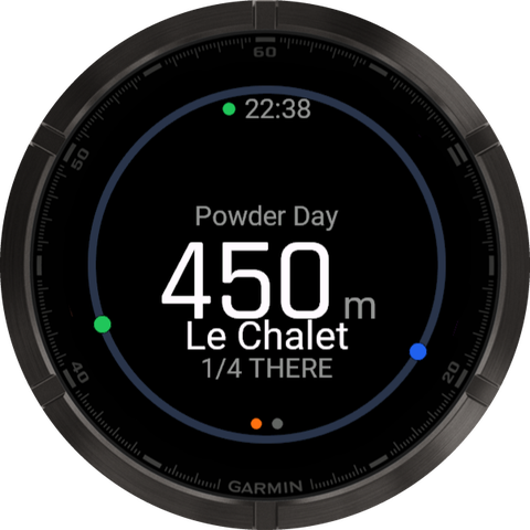 Garmin watch face: group Powder Day, 450 meters to Le Chalet, 1 of 4 there.