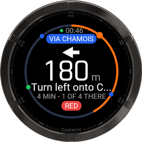 Garmin navigation: turn left in 180 metres, via Chamois, 4 minutes, 1 of 4 there, a red run; the ring shows progress and friends as dots.