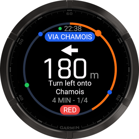 Garmin navigation: 180 meters, turn left onto Chamois, via Chamois, 4 minutes, 1 of 4 there, a red run; the ring shows progress and friends as dots.