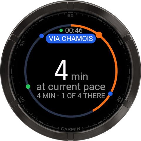 Garmin navigation, second page: 4 minutes at current pace, 1 of 4 there.