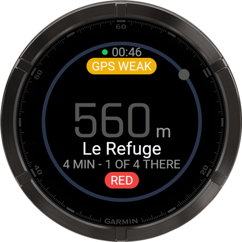 Garmin navigation with a GPS WEAK label: the distance to Le Refuge is dimmed instead of shown as live.