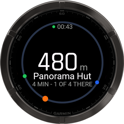Garmin navigation to Panorama Hut: 480 metres, 4 minutes, 1 of 4 there.