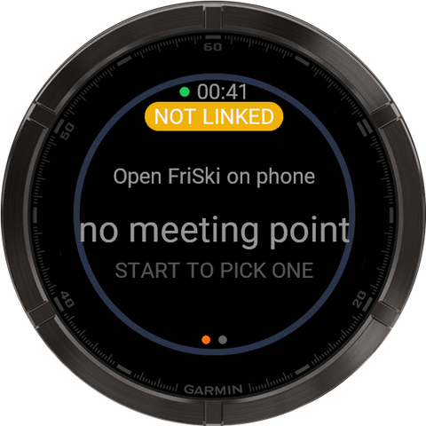 Garmin watch face with a NOT LINKED label: Open FriSki on phone.