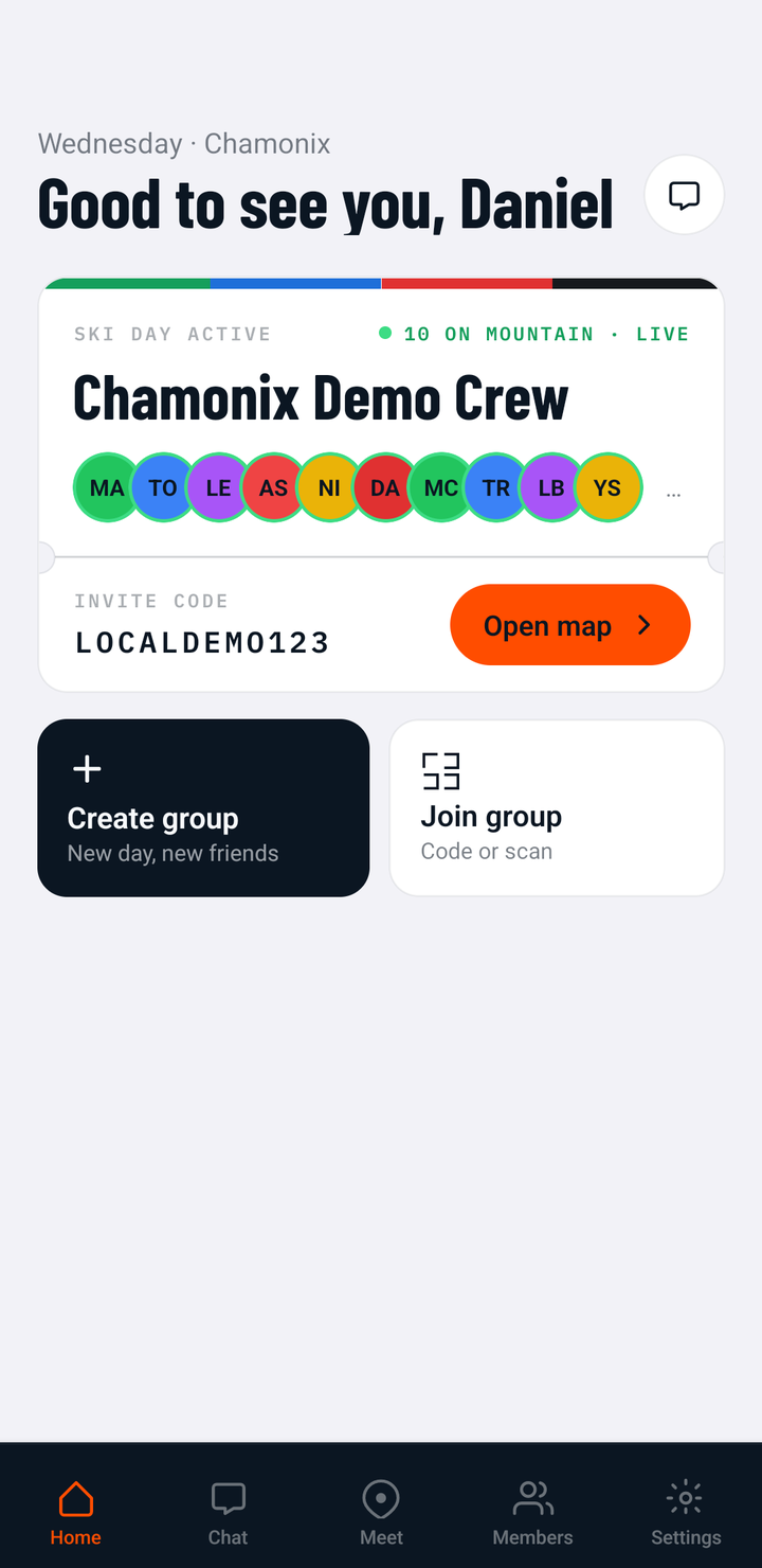 FriSki Home screen with an active ski day: the demo group’s lift ticket, invite code and Open map button.