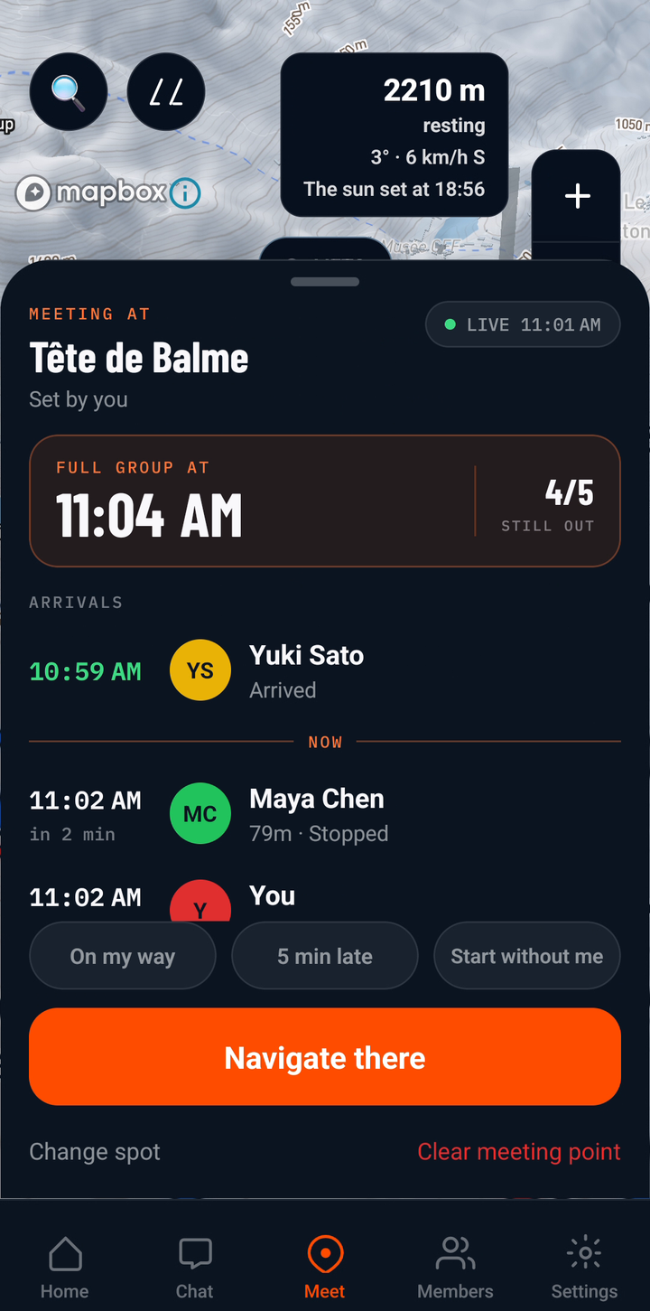 FriSki Meet board for Tête de Balme: the full group there at 11:04 AM with four still out. Yuki has arrived, Maya arrives at 11:02, and Navigate there is one tap away.