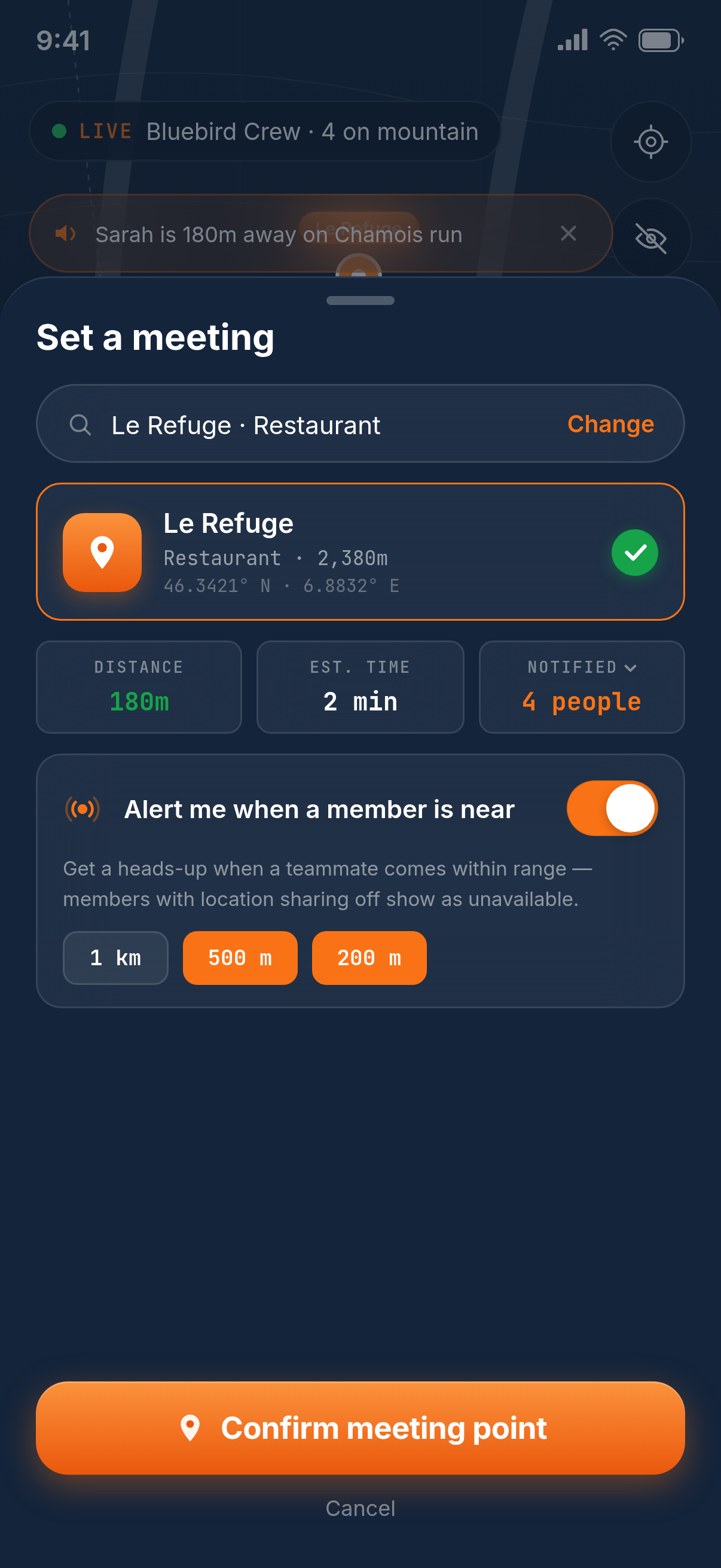 The Set a meeting screen: Le Refuge selected as the meeting point, 180 metres away with a 2 minute estimate, and a toggle to alert the group when a member is near.