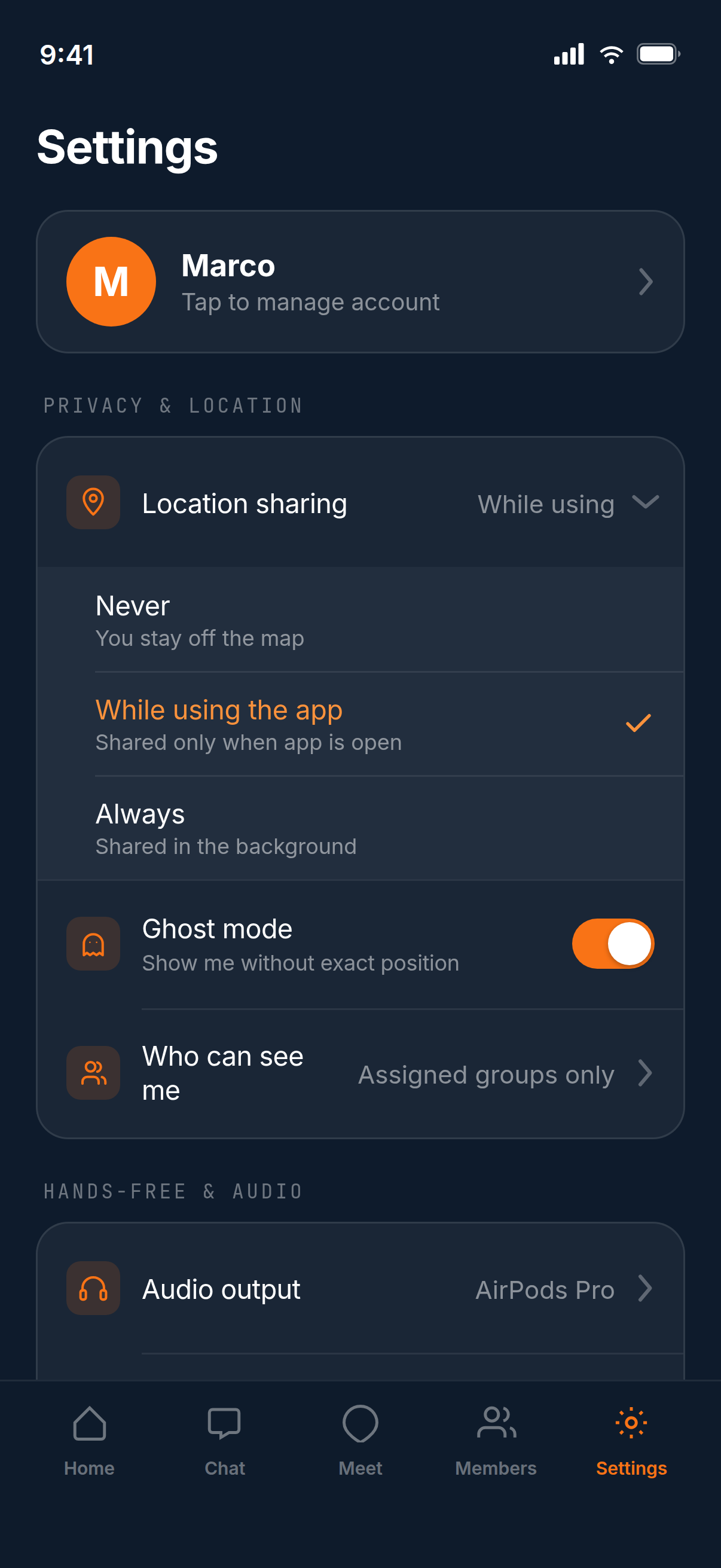 The Settings screen, showing Location sharing and Ghost mode toggles under Privacy & Location.
